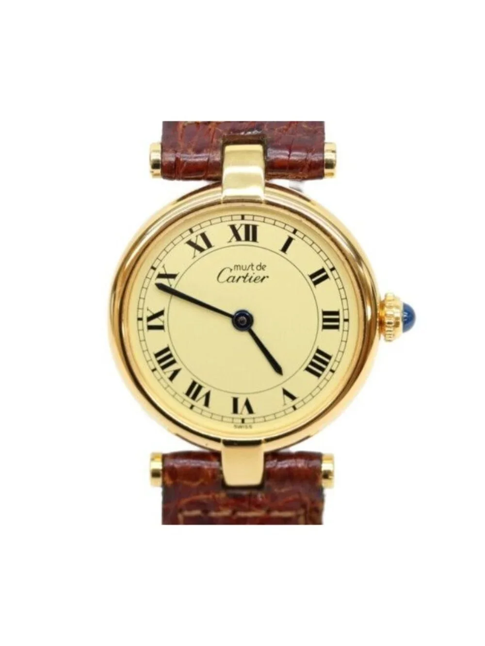 Cartier Must Vendeme Vermeil SM Ivory Roman Dial Leather Quartz